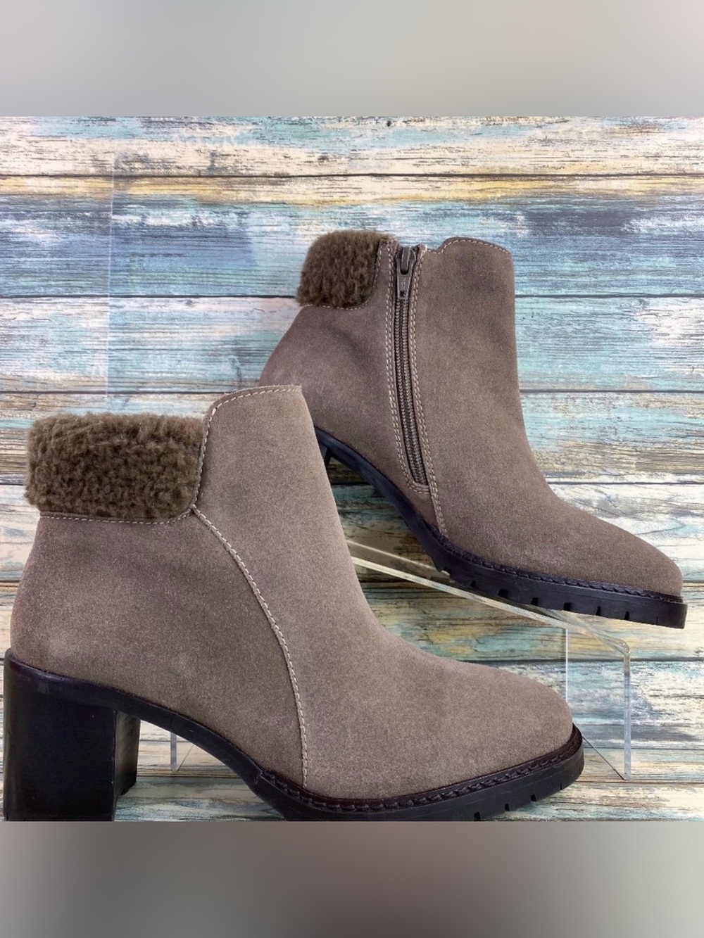 Diba Ankle Boot Womens Size 8.5M Taupe Suede Zip Faux Shearling Trim Block Heel